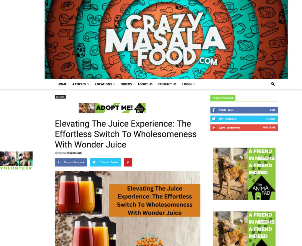 Crazy Masala Food article on Wonder Juice image