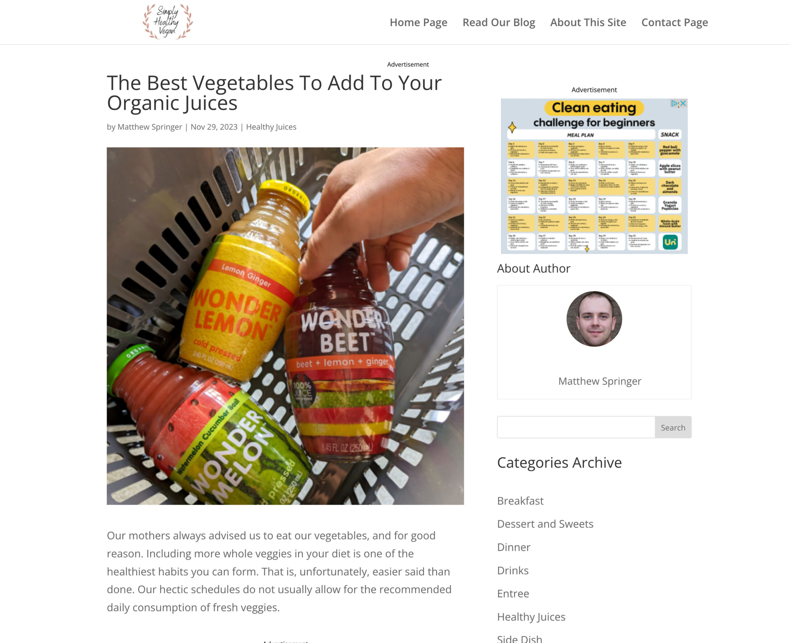 Simply Healthy Vegan article on Wonder Juice image