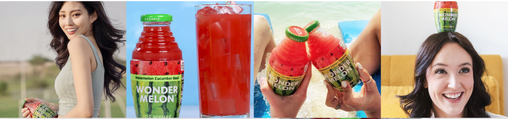 Collage of people, Wonder Melon bottles, and a red drink in bright lifestyle scenes.